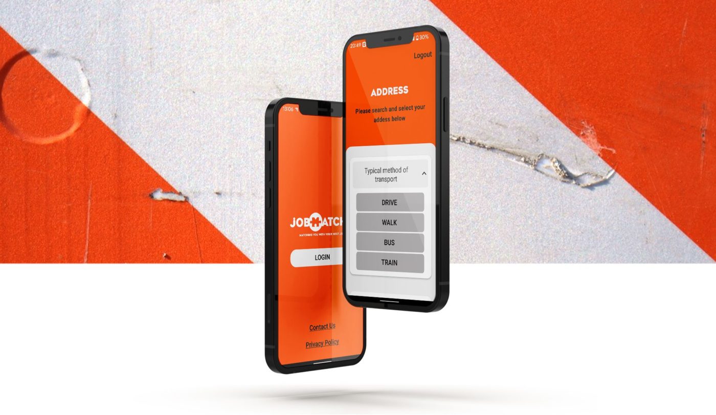 JobMatcha app interface with construction background